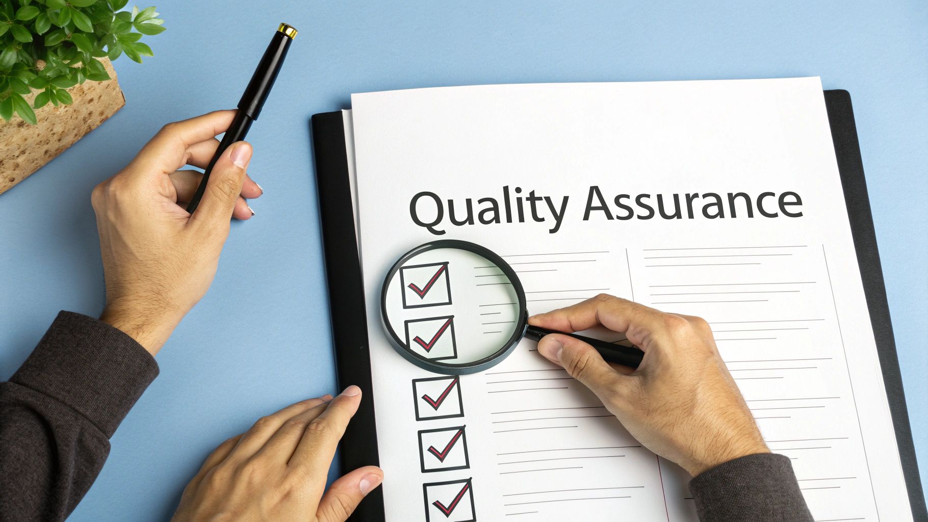 Hands using a magnifying glass and pen to review a 'Quality Assurance' checklist.