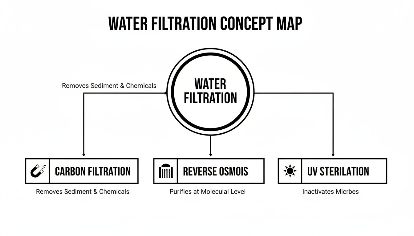 A concept map illustrating water filtration methods: carbon filtration, reverse osmosis, and UV sterilization, with their functions.