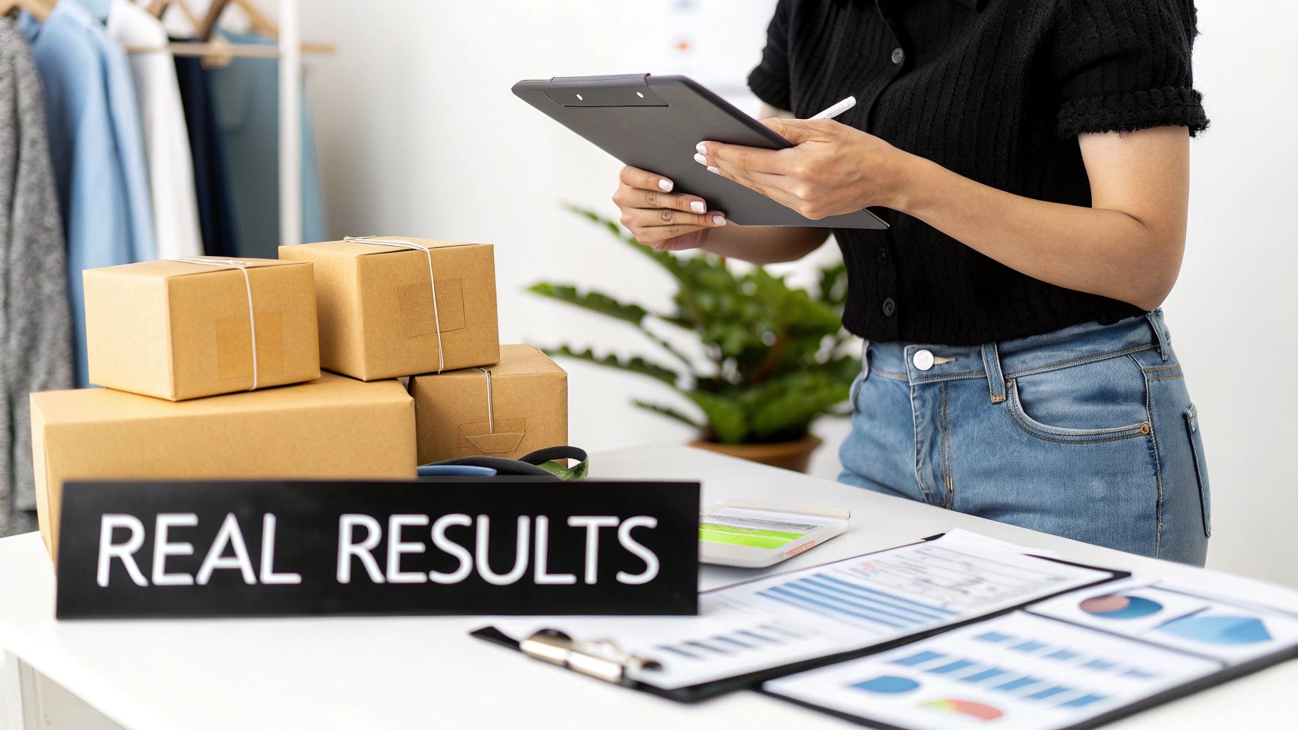 A person in an e-commerce setting, checking items with a clipboard next to shipping boxes.