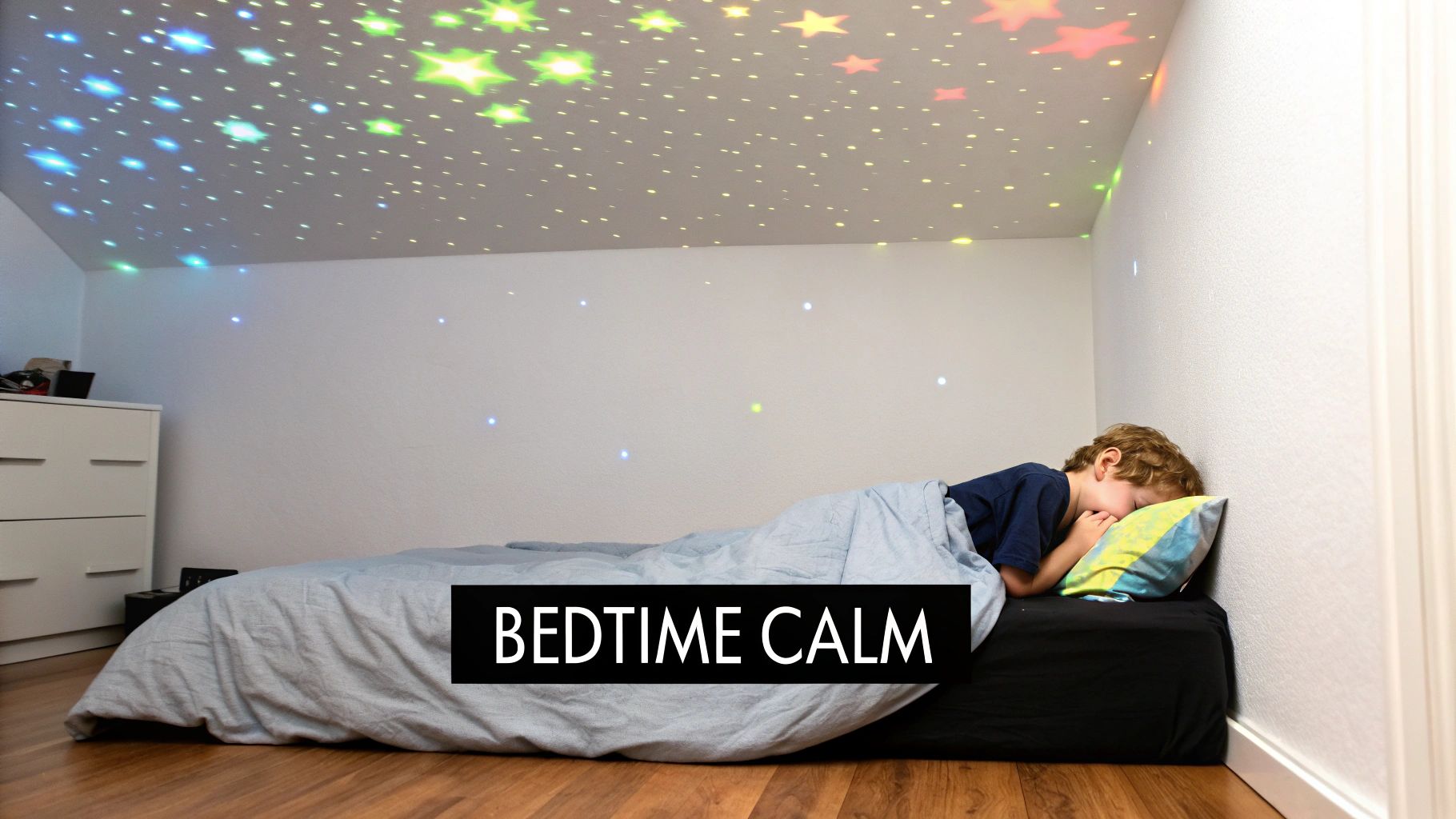A young child sleeps peacefully in a bedroom illuminated by a colorful starry night light projector.