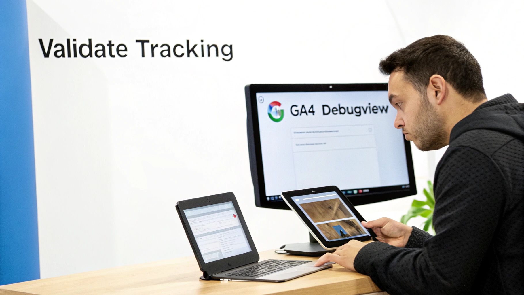 Man validating GA4 tracking data on a laptop, tablet, and monitor displaying Debugview.