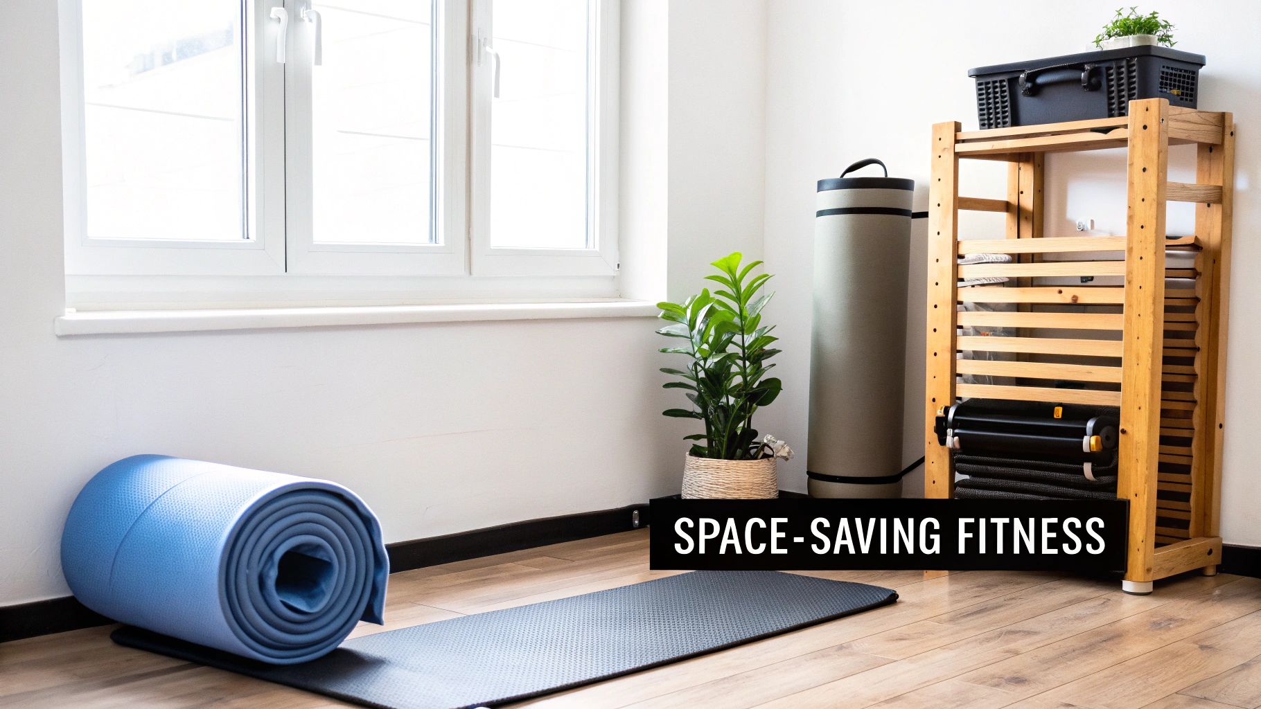 A clean home gym space featuring yoga mats, a plant, and a shelf with space-saving fitness equipment.