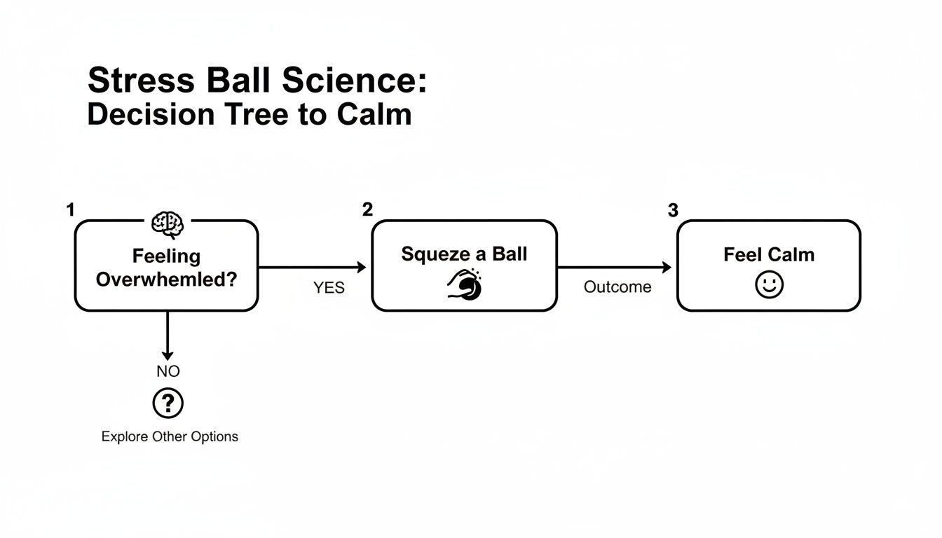 A decision tree flowchart explaining how to use a stress ball to achieve calm when feeling overwhelmed.