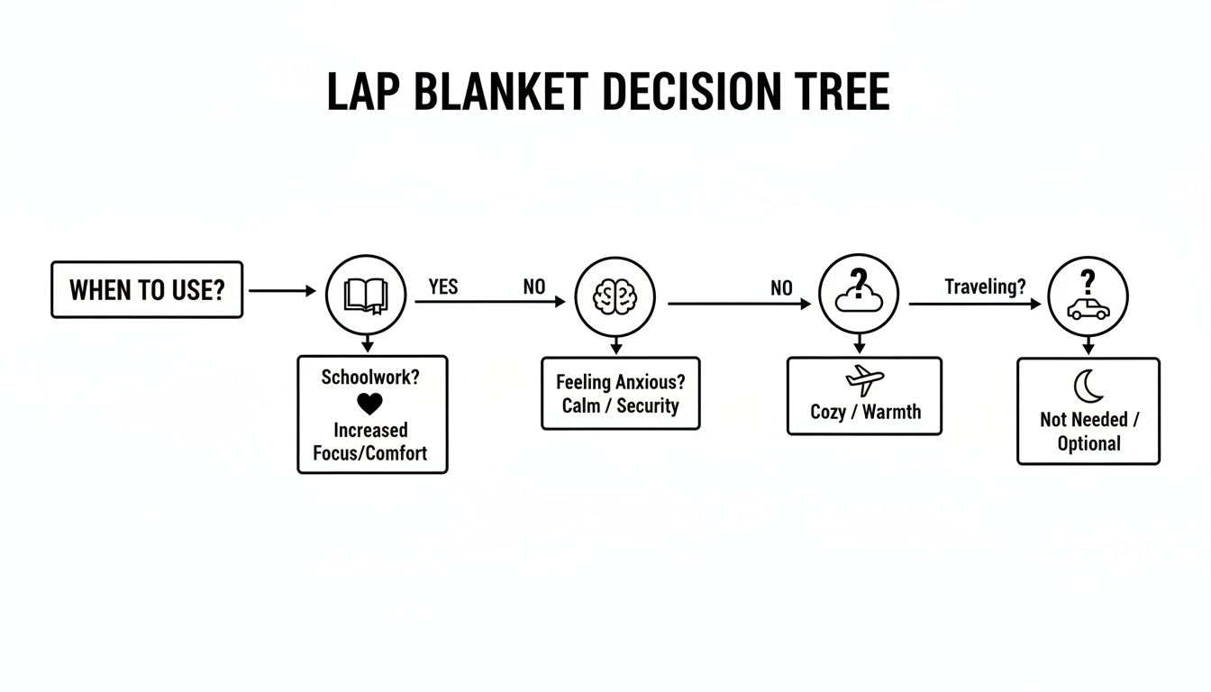 A decision tree flowchart guides when to use a lap blanket for schoolwork, anxiety, warmth, or travel.