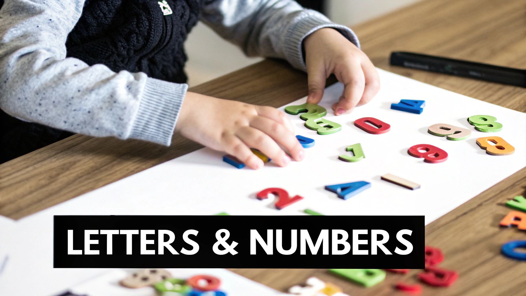 A child's hands engage with colorful number and letter shapes on a white paper, fostering early learning.