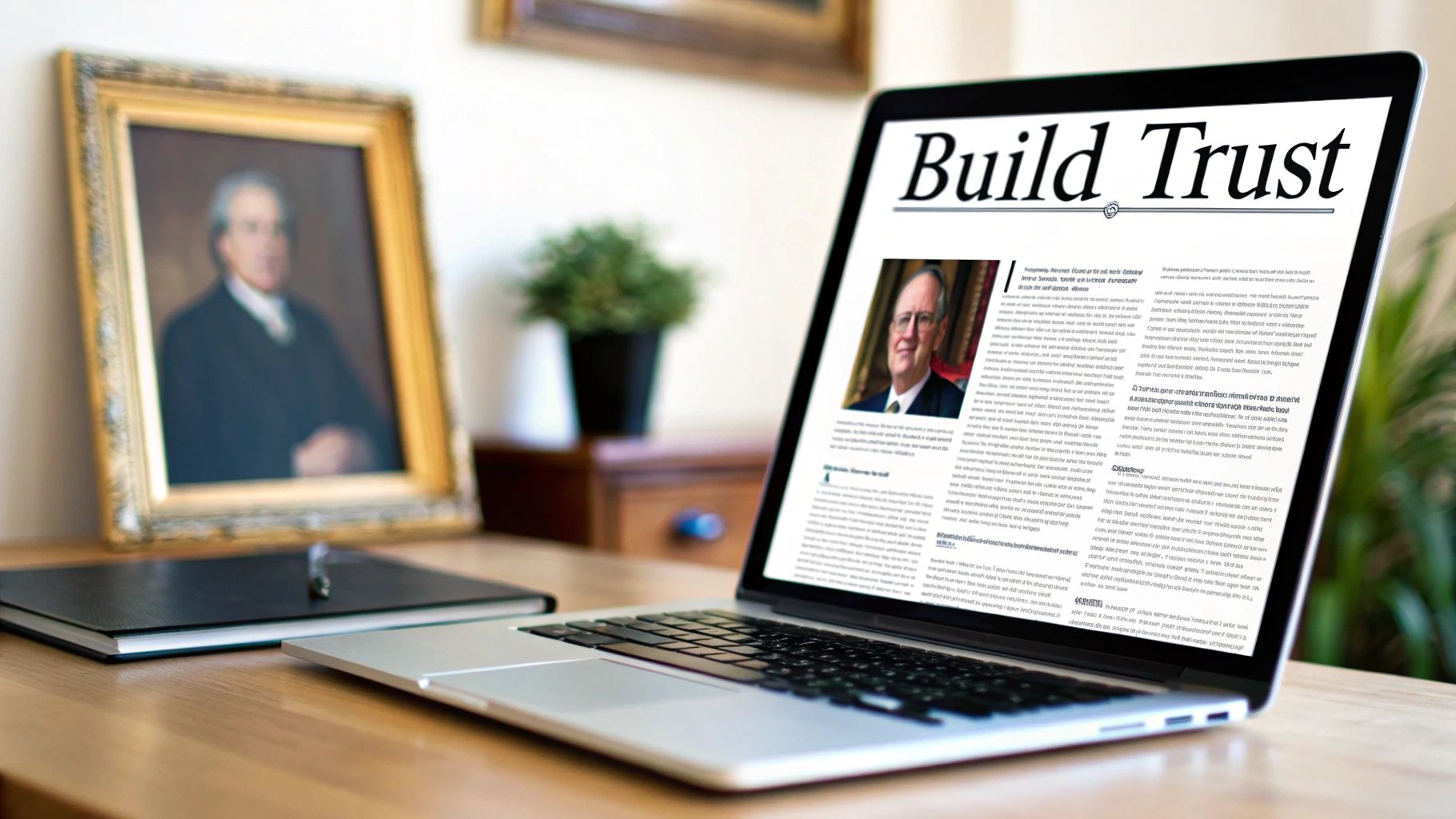 A laptop displaying an article titled 'Build Trust' on a wooden desk, next to a framed portrait.