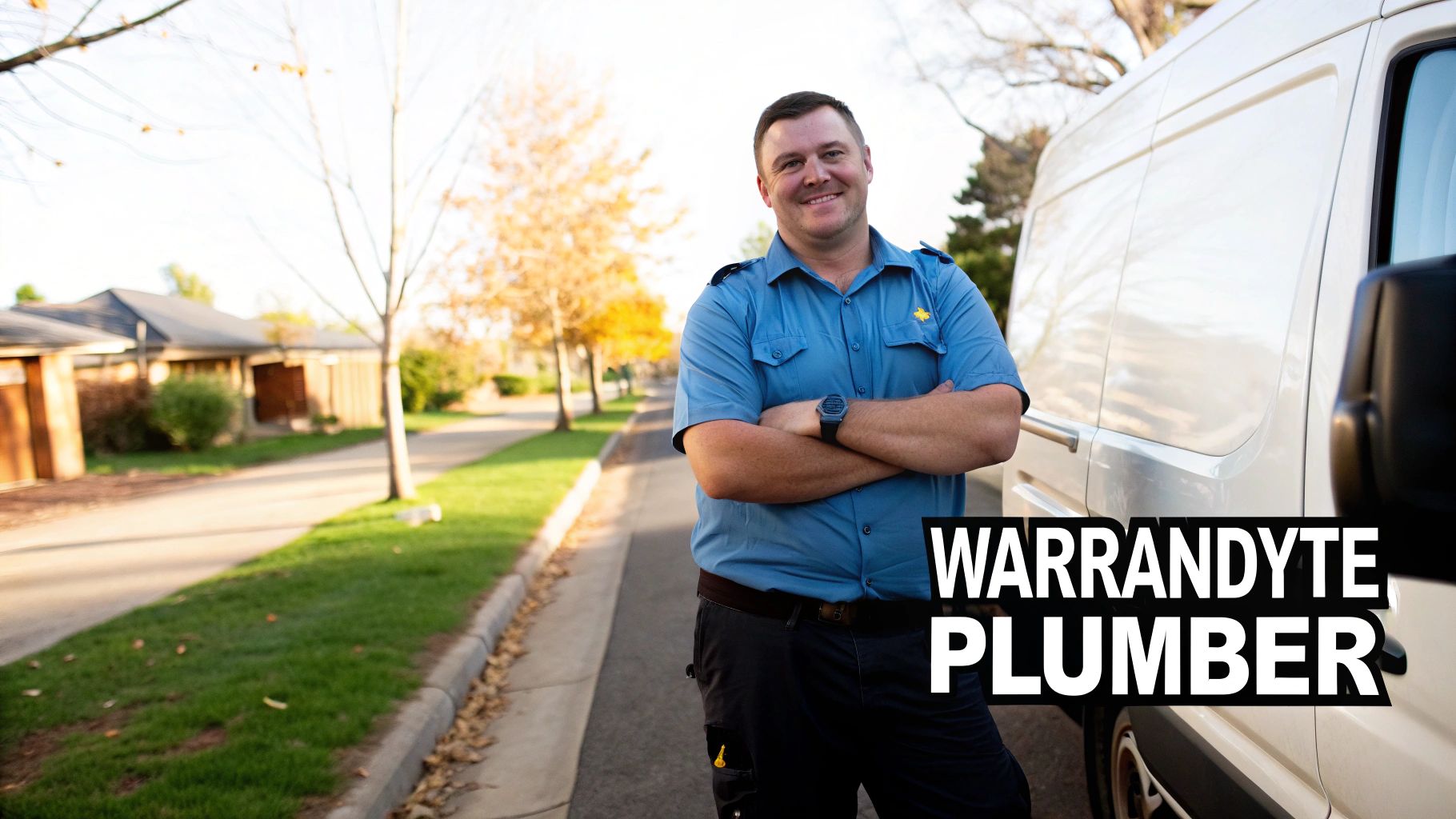 Smiling male plumber in a blue uniform stands with crossed arms by a white van on a suburban street.