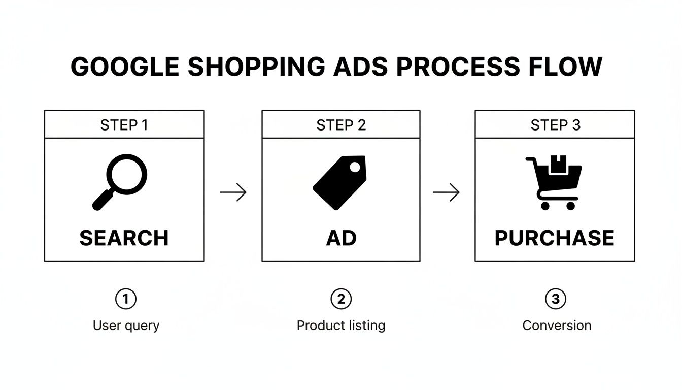 A three-step flow chart illustrating the Google Shopping Ads process: Search, Ad, and Purchase.