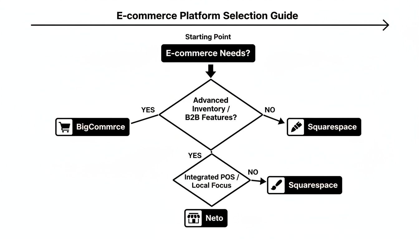 Flowchart guiding e-commerce platform selection based on needs like inventory, B2B, POS, and local focus.