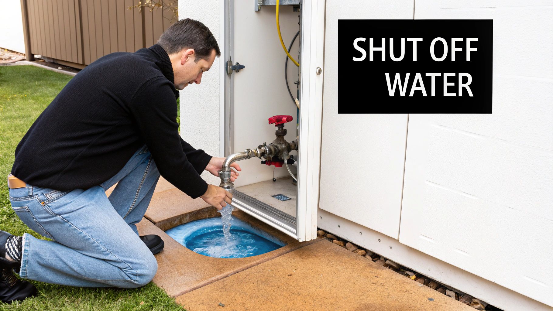 A man shutting off water from an outdoor main pipe into a ground basin, next to a 'Shut Off Water' sign.