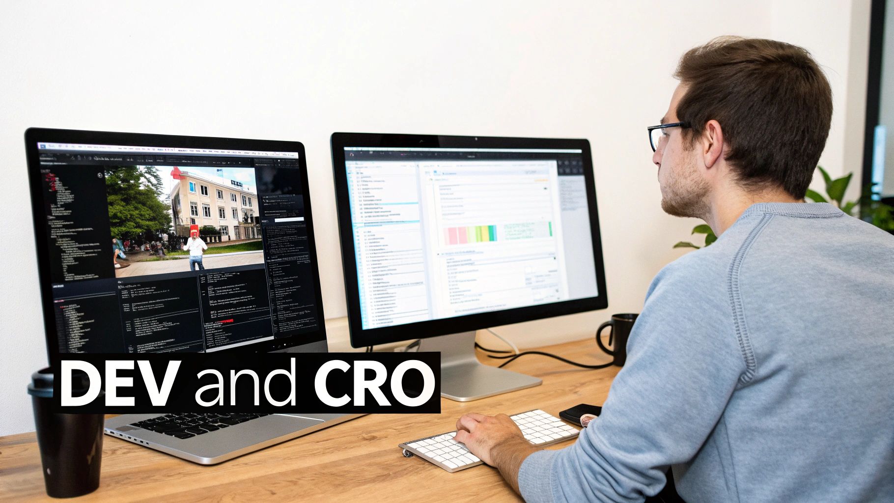 A man working at a desk with two computer monitors, focused on development and conversion rate optimization.