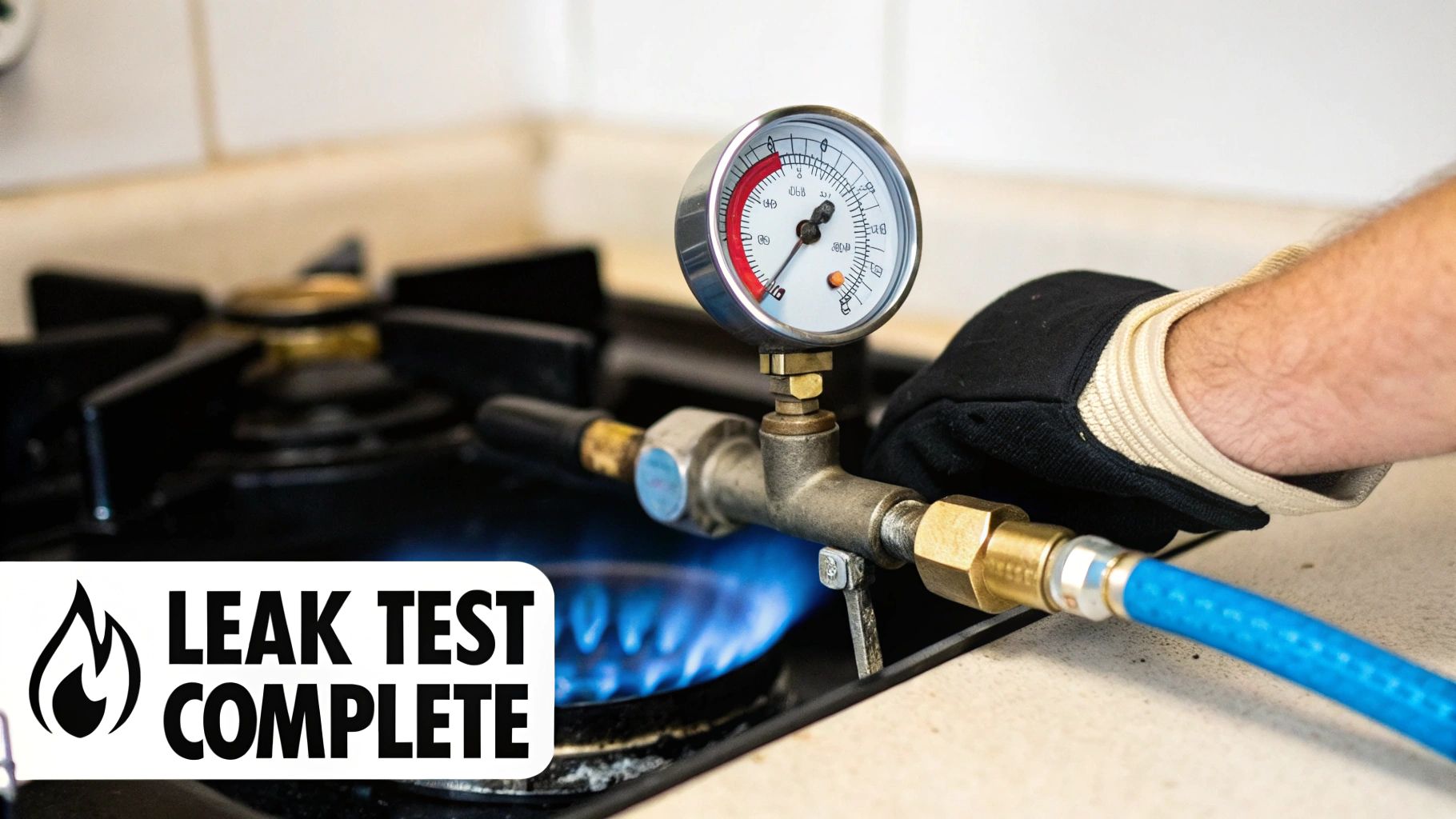 Professional technician performing gas leak test on cooktop installation using pressure gauge equipment
