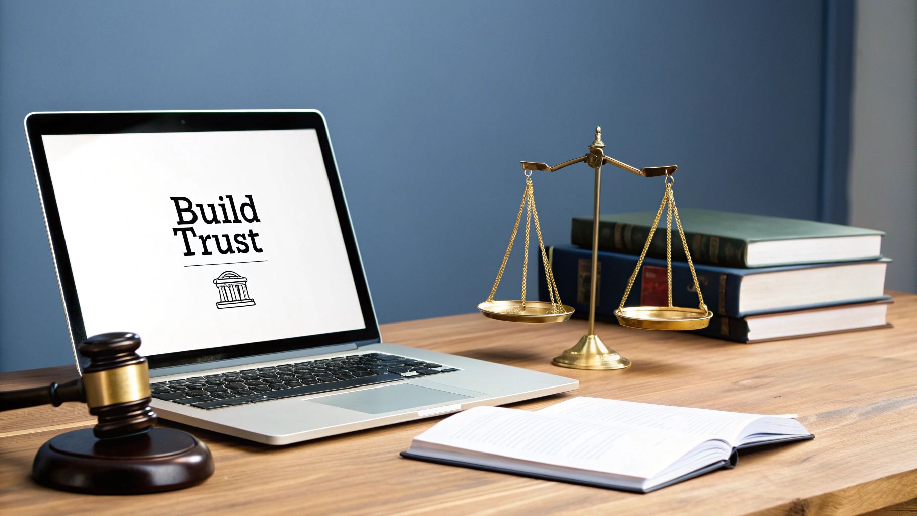 A legal desk with a laptop displaying 'Build Trust', a gavel, scales of justice, and law books.