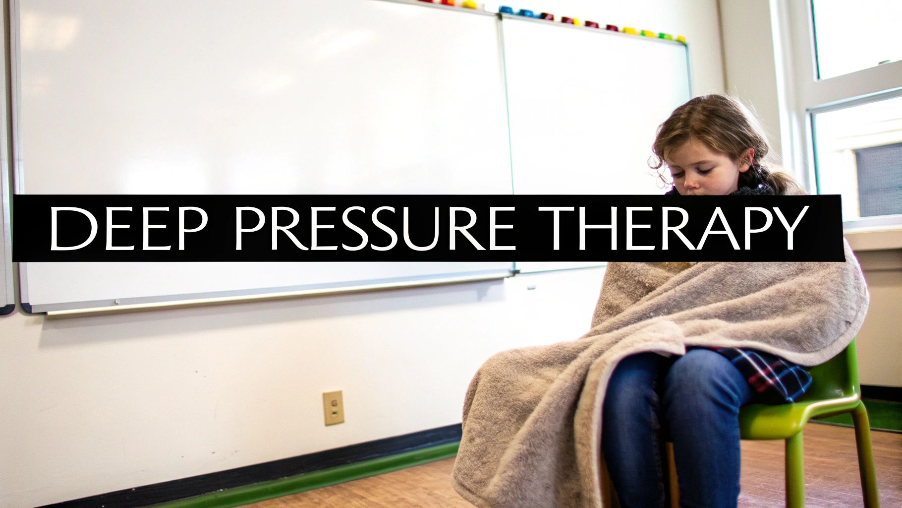 A young girl covered in a soft blanket, sitting on a green chair, illustrating deep pressure therapy.