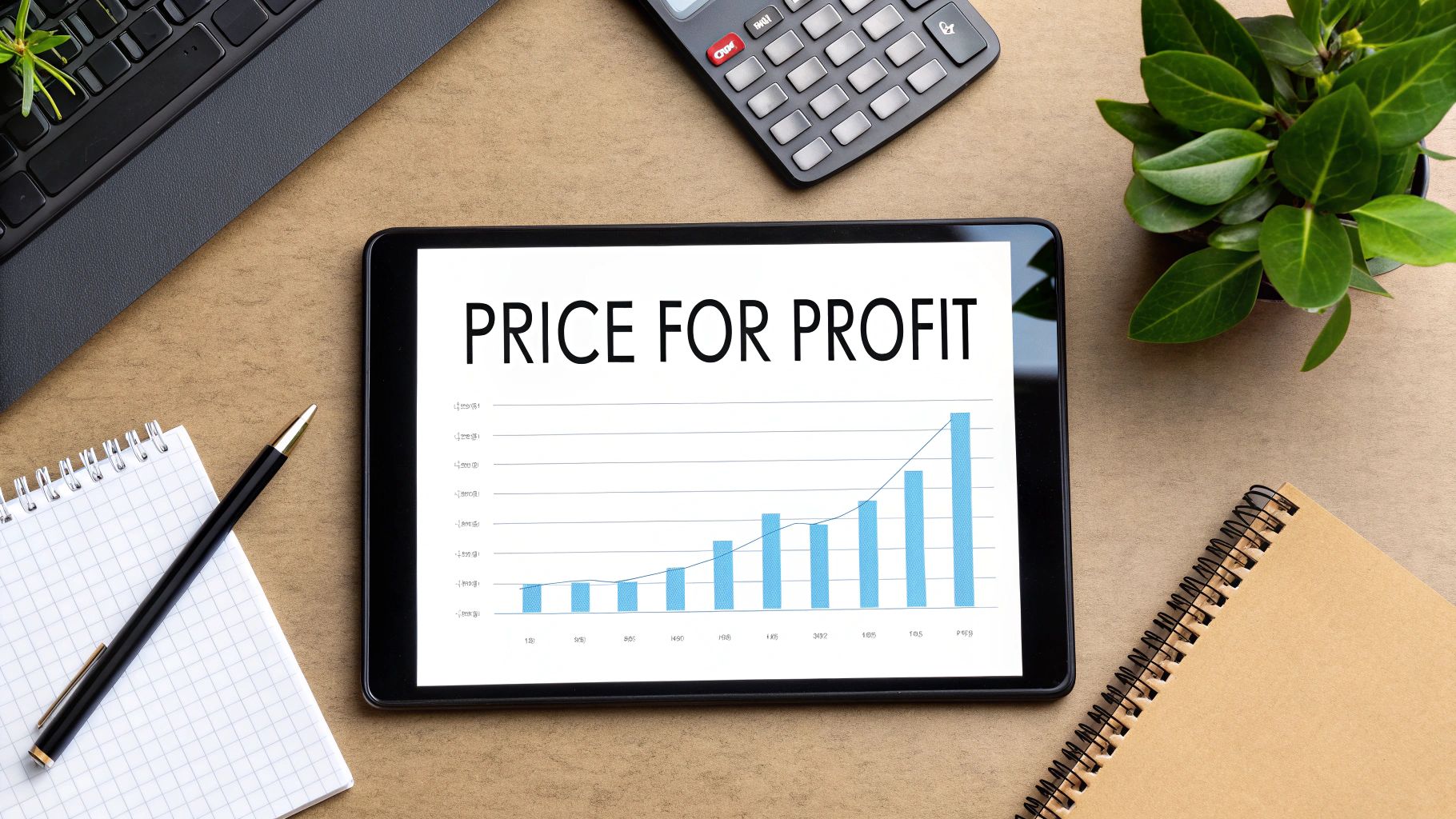 A tablet displays a 'PRICE FOR PROFIT' bar chart on a desk with a laptop and calculator.