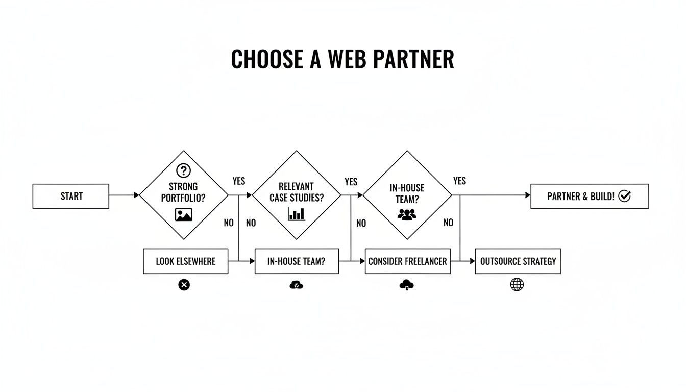 Flowchart illustrating the decision-making process for choosing a web partner based on key criteria.