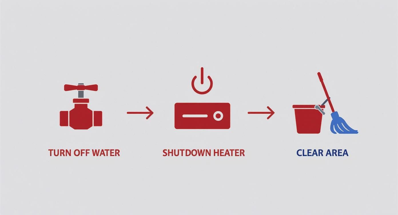 A three-step infographic outlining emergency procedures: turn off water, shut down heater, and clear area.