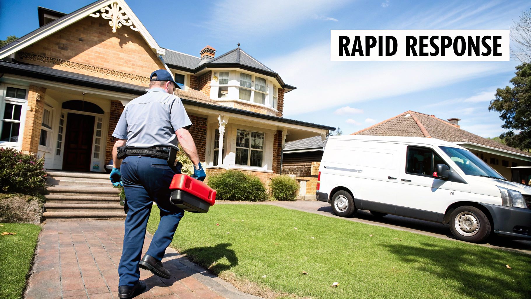 A uniformed plumber carrying a toolbox approaches a brick house, with a white service van parked nearby.