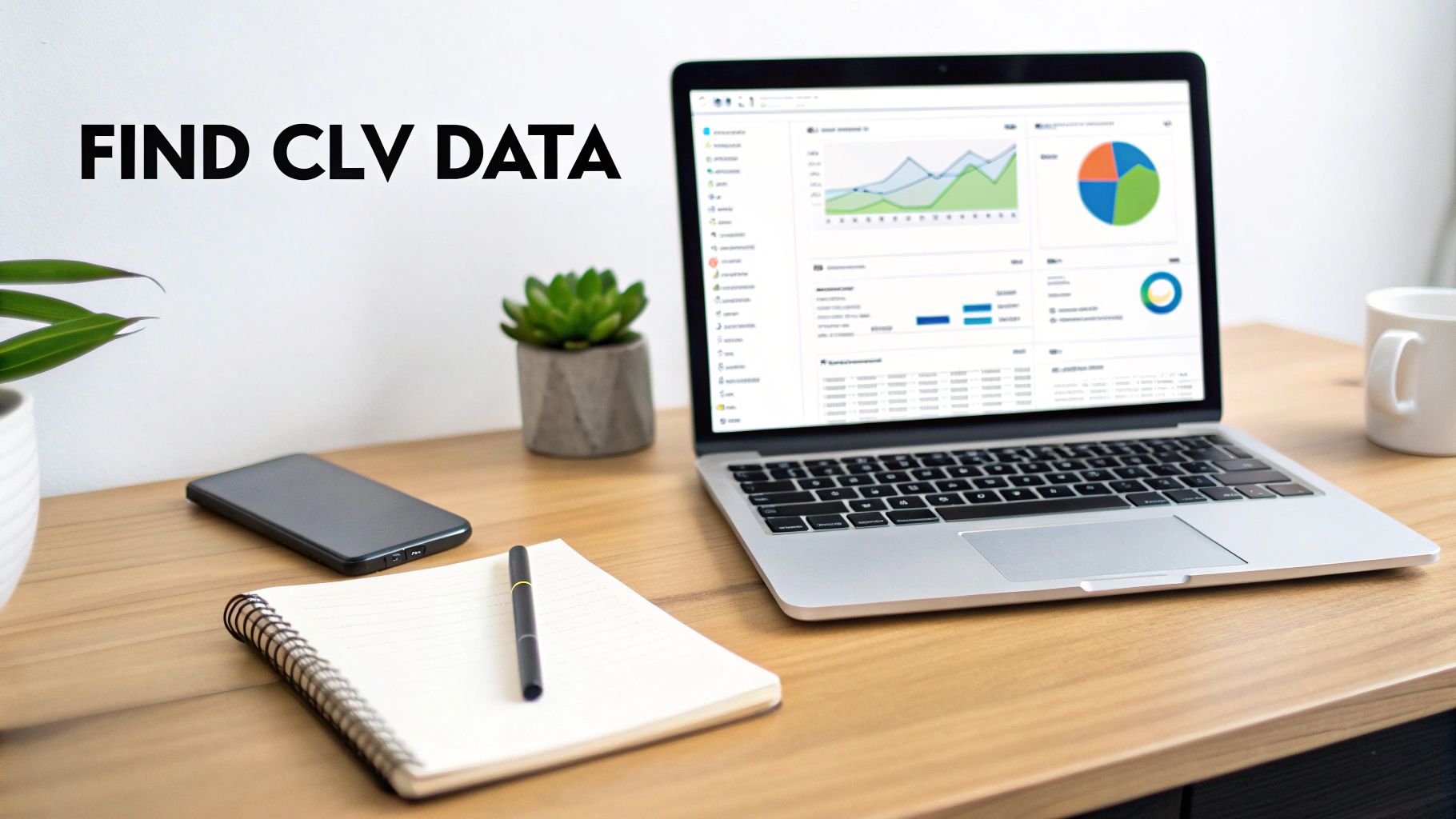 A laptop on a wooden desk displaying CLV data and analytics, alongside a smartphone, notebook, and plants.