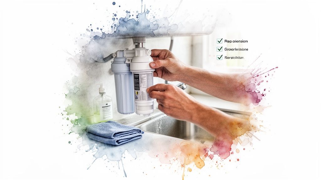 A person's hands are installing a new water filter cartridge under a kitchen sink.