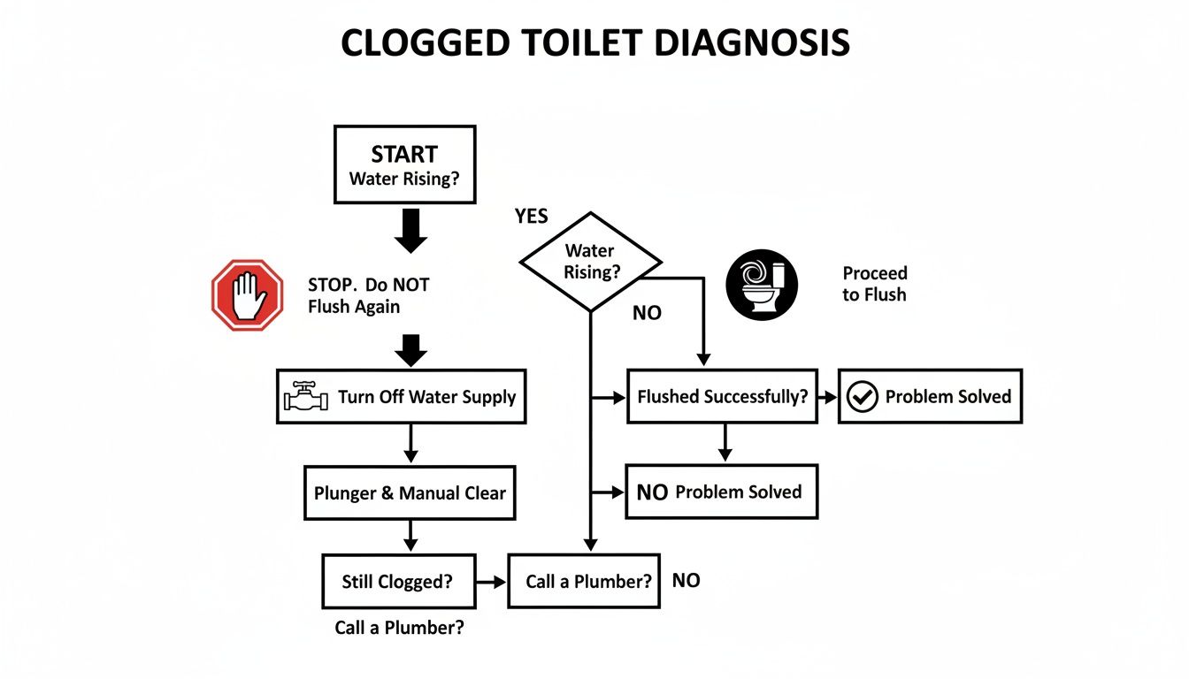 A flowchart for clogged toilet diagnosis, guiding users from initial flush to calling a plumber.