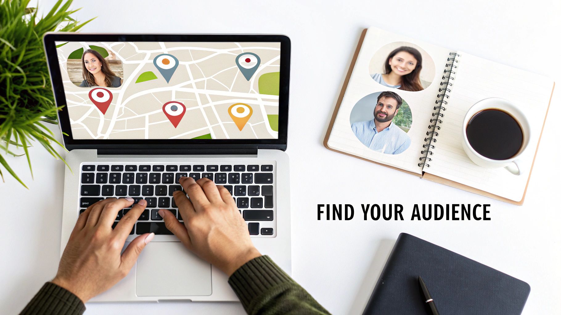 Overhead desk view: hands typing on a laptop showing map targeting, alongside a notebook with profile pictures and coffee.
