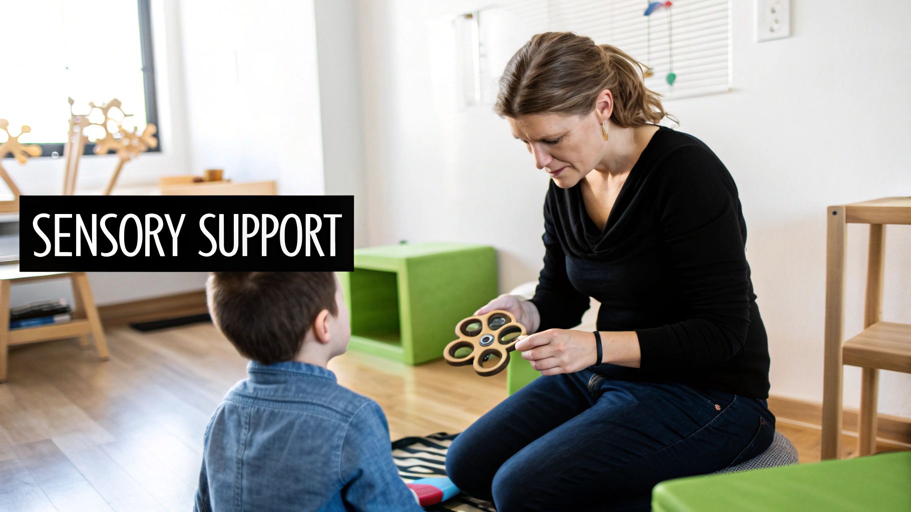 A woman engages a child with a unique wooden fidget toy, offering sensory support.