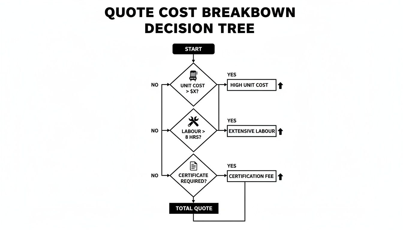 A decision tree flowchart illustrating the breakdown of a quote cost based on various factors.