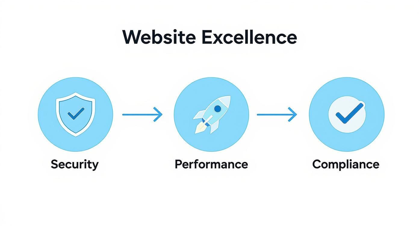 Diagram illustrating website excellence through security, performance, and compliance stages with corresponding icons.