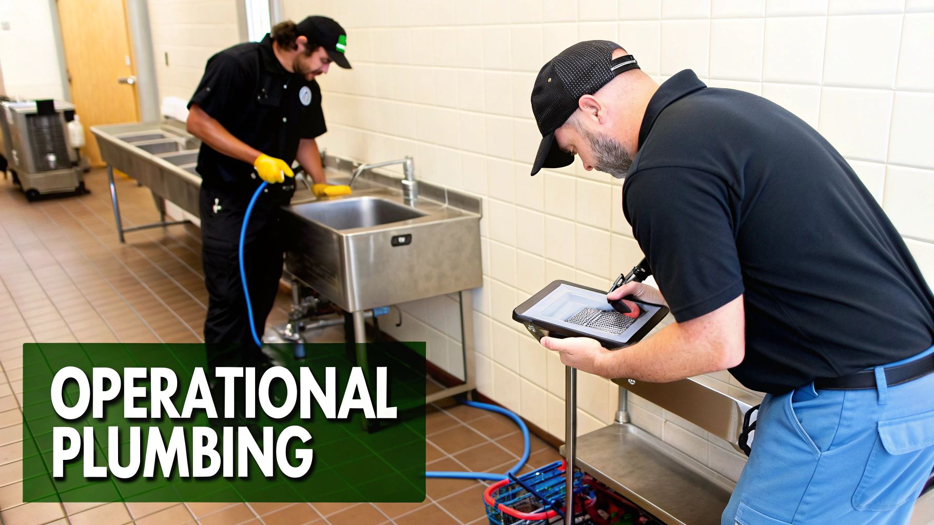 Plumbers performing operational plumbing maintenance in a commercial kitchen, one cleaning a sink, the other inspecting.