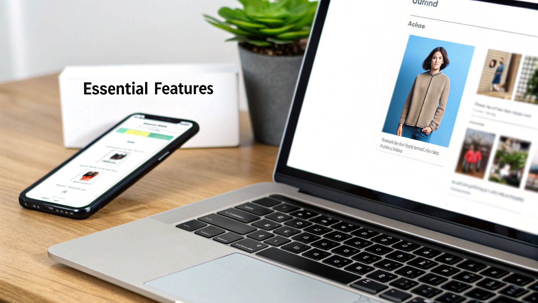 A laptop and smartphone on a wooden desk, displaying website and app content next to a box with 'Essential Features'.