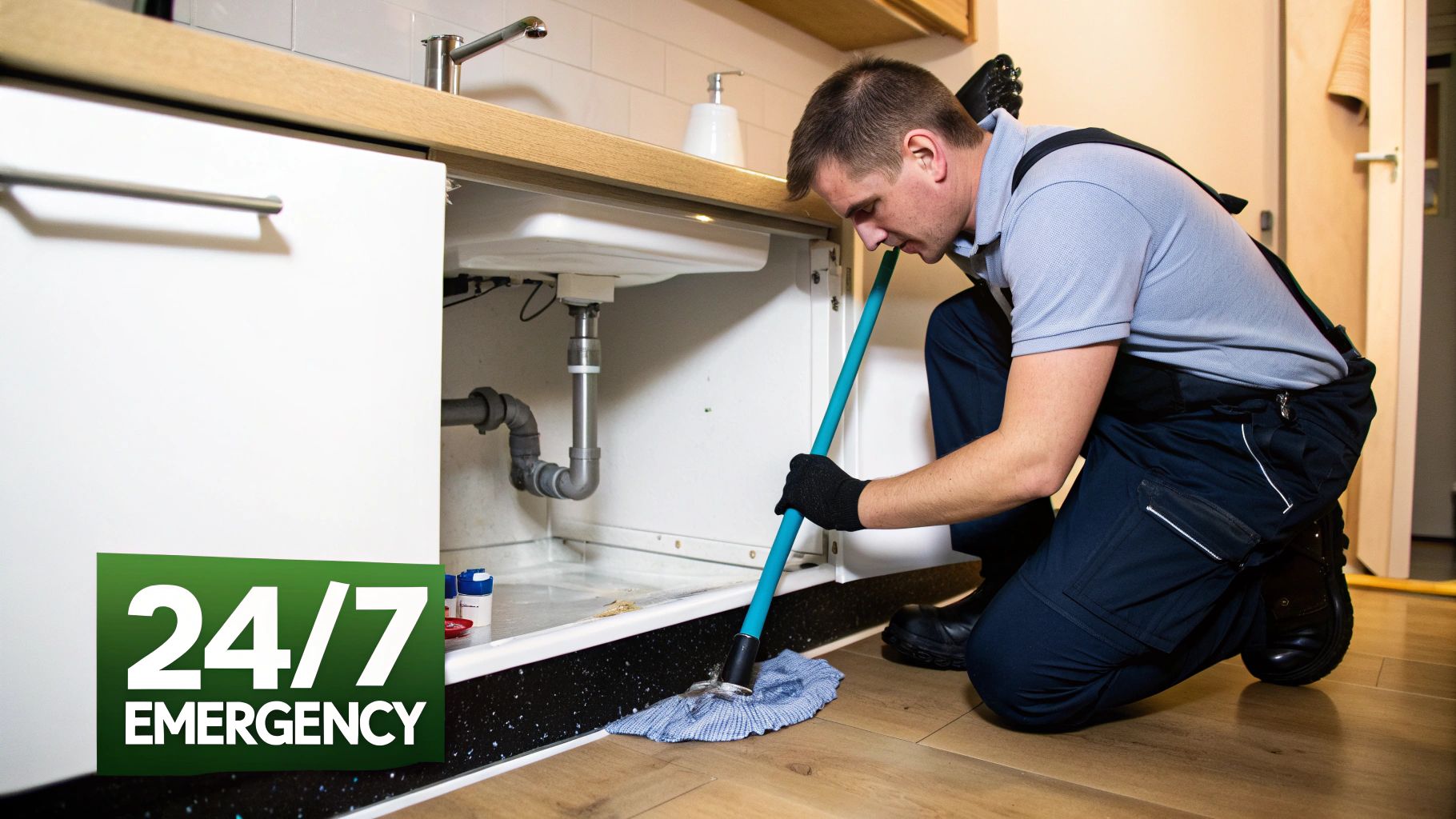 A professional plumber in work overalls cleaning up a water leak under a kitchen sink with a mop.