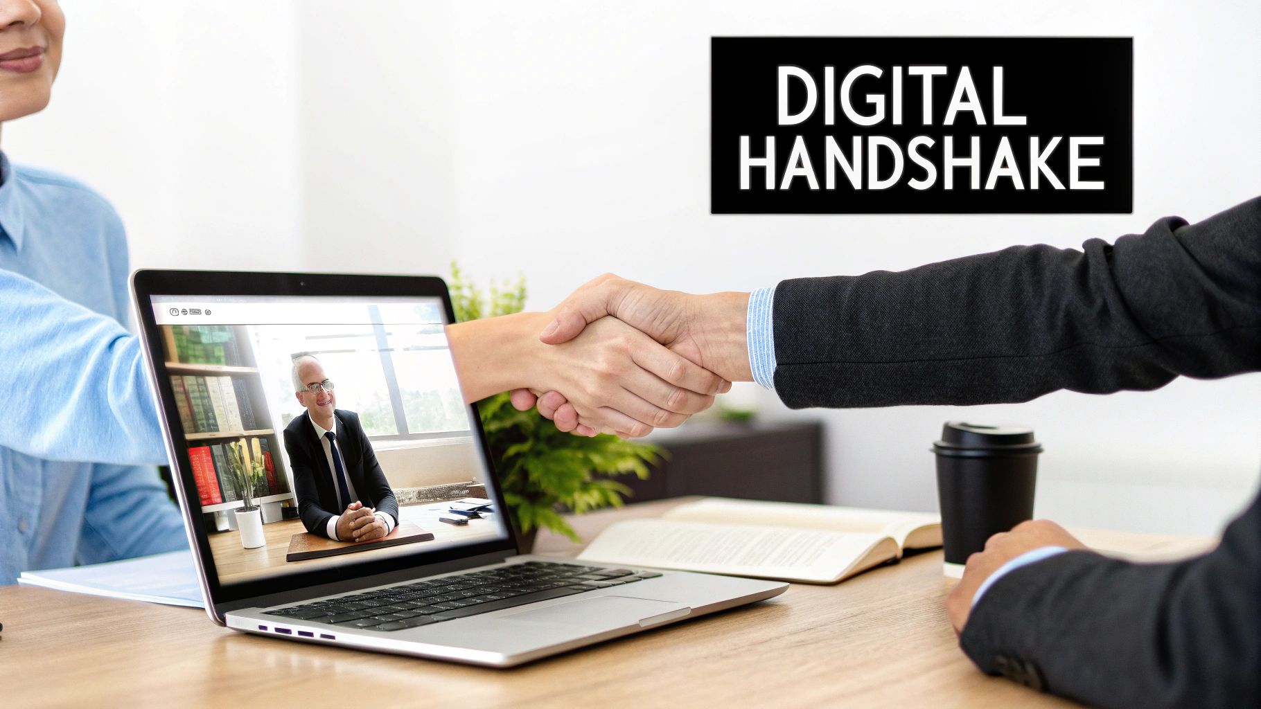 A hand reaching out from a laptop screen for a handshake with a person at a desk, illustrating a digital handshake.