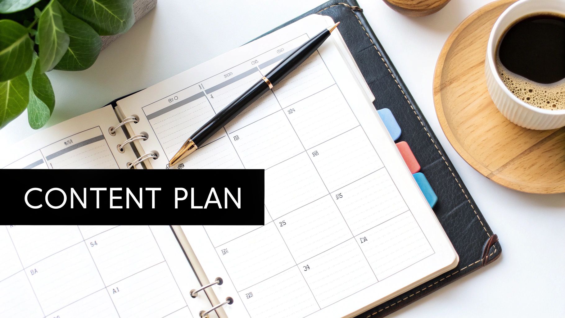 A planner open to a content plan, alongside a pen, coffee cup, and green plant.