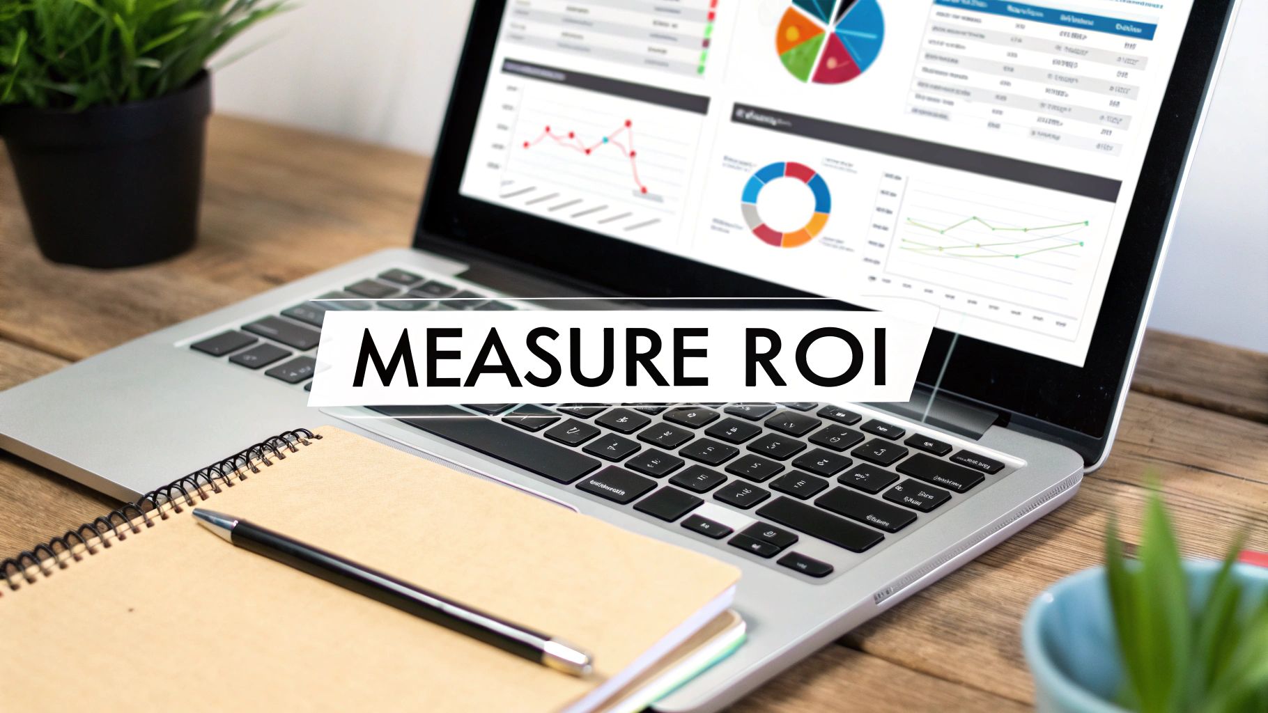 A laptop displaying business charts and graphs, with a notebook, pen, and plant on a wooden desk. Overlay text says 'MEASURE ROI'.