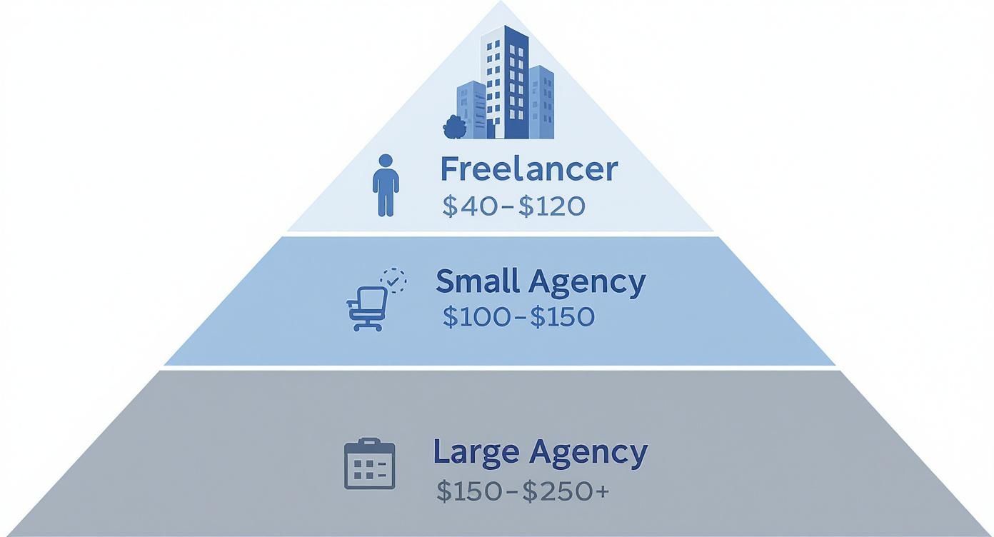 Pyramid chart illustrating hourly rates for freelancers, small agencies, and large agencies.