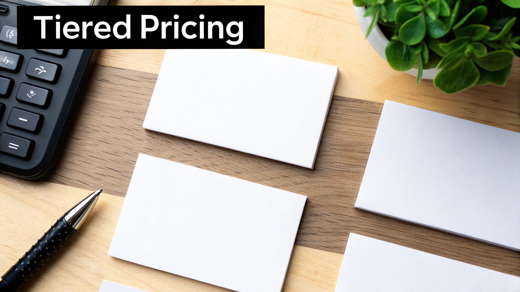 A desk flat lay with a calculator, pen, blank cards, a plant, and 'Tiered Pricing' text.
