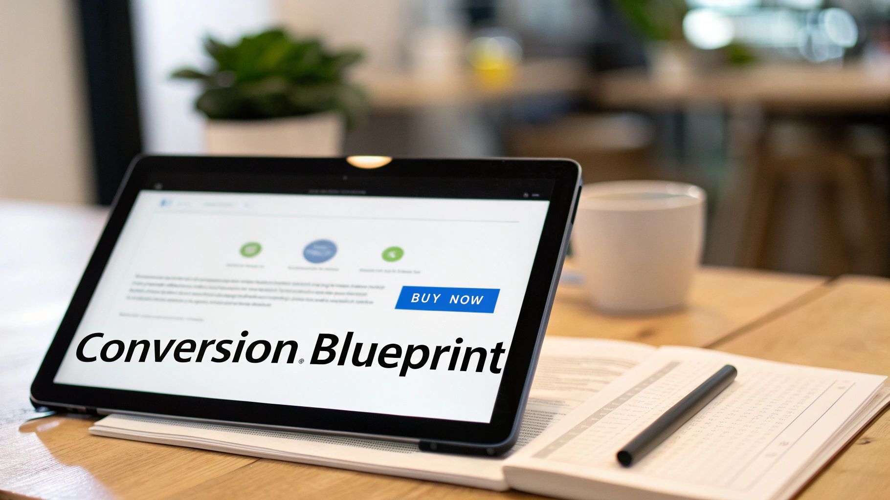 A tablet on a wooden table displaying a webpage with a 'BUY NOW' button and 'Conversion Blueprint' overlay, next to a notebook.