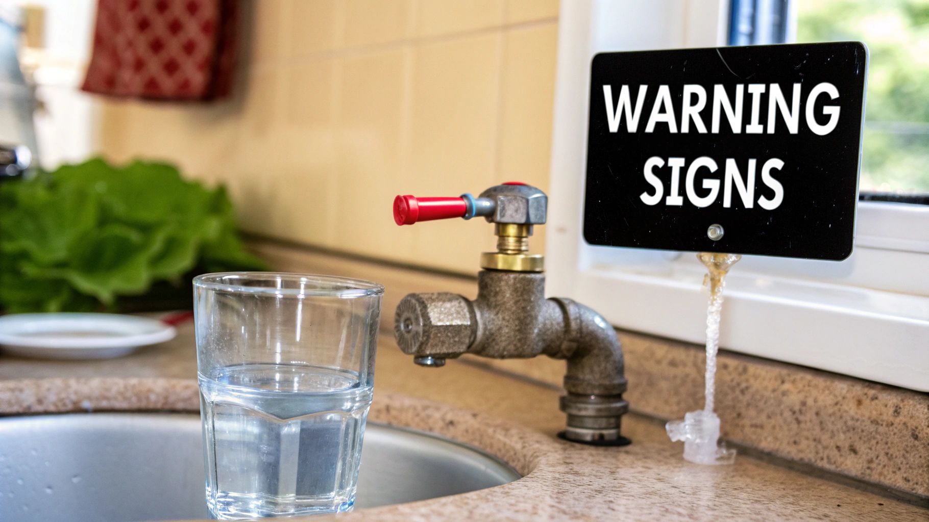 A kitchen counter with a glass of water, a vintage faucet, and a 'WARNING SIGNS' display.