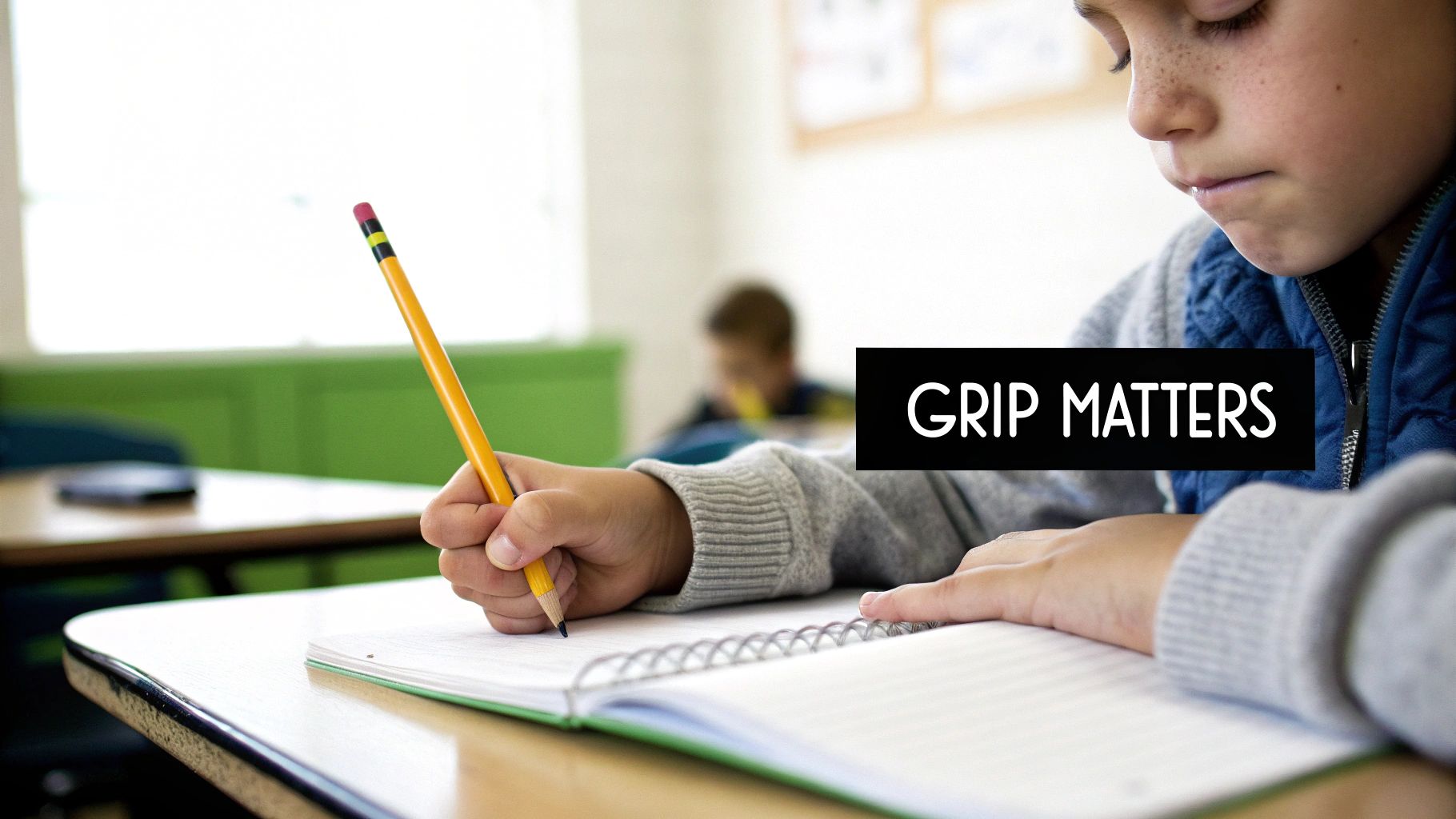 A young boy in a classroom focuses on writing in his notebook with a pencil.