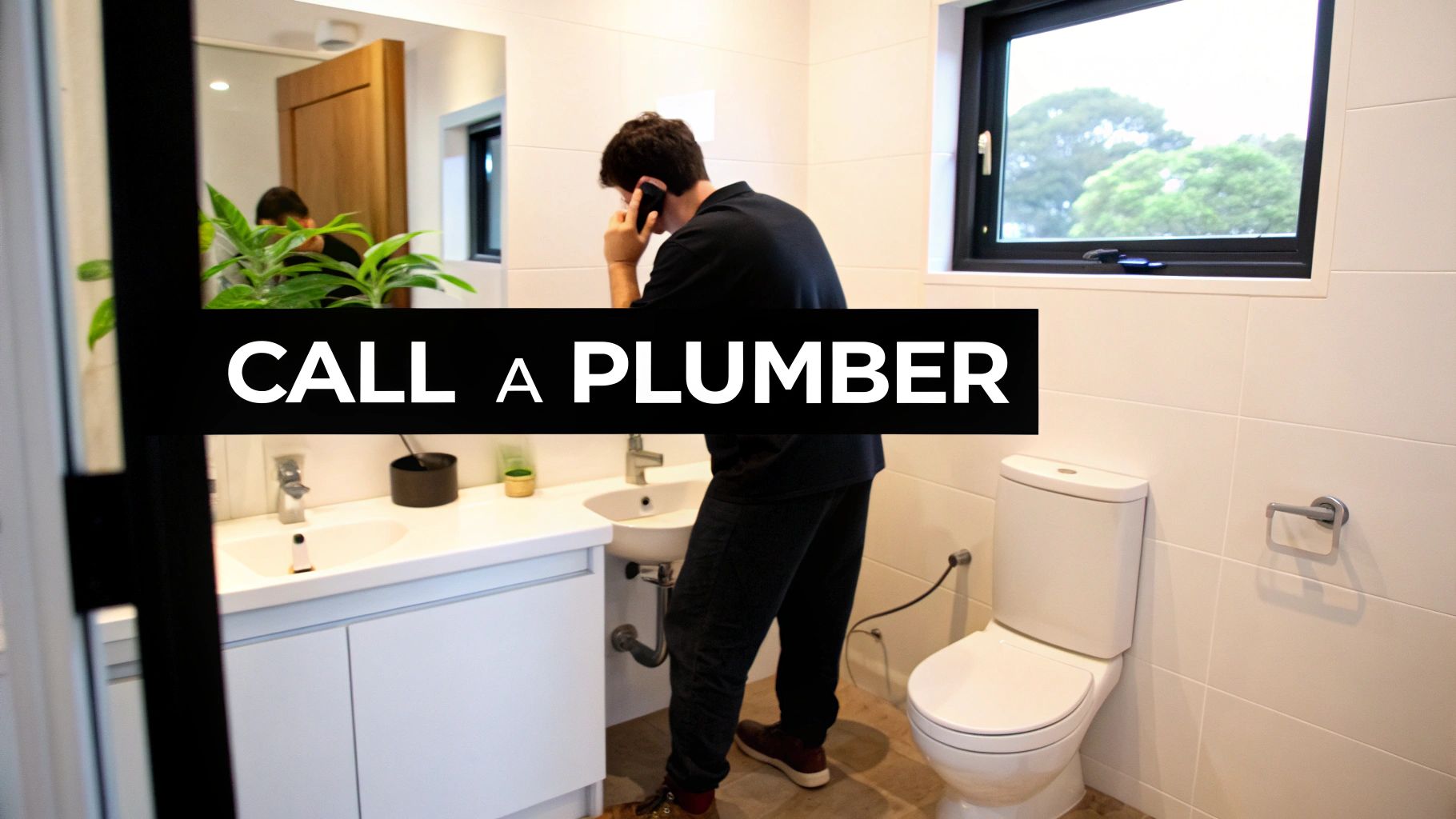 A man on the phone in a modern bathroom, looking at a small sink, needing a plumber.