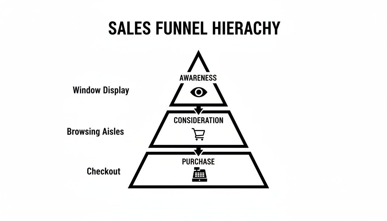 A sales funnel hierarchy diagram illustrating Awareness, Consideration, and Purchase stages with retail examples.