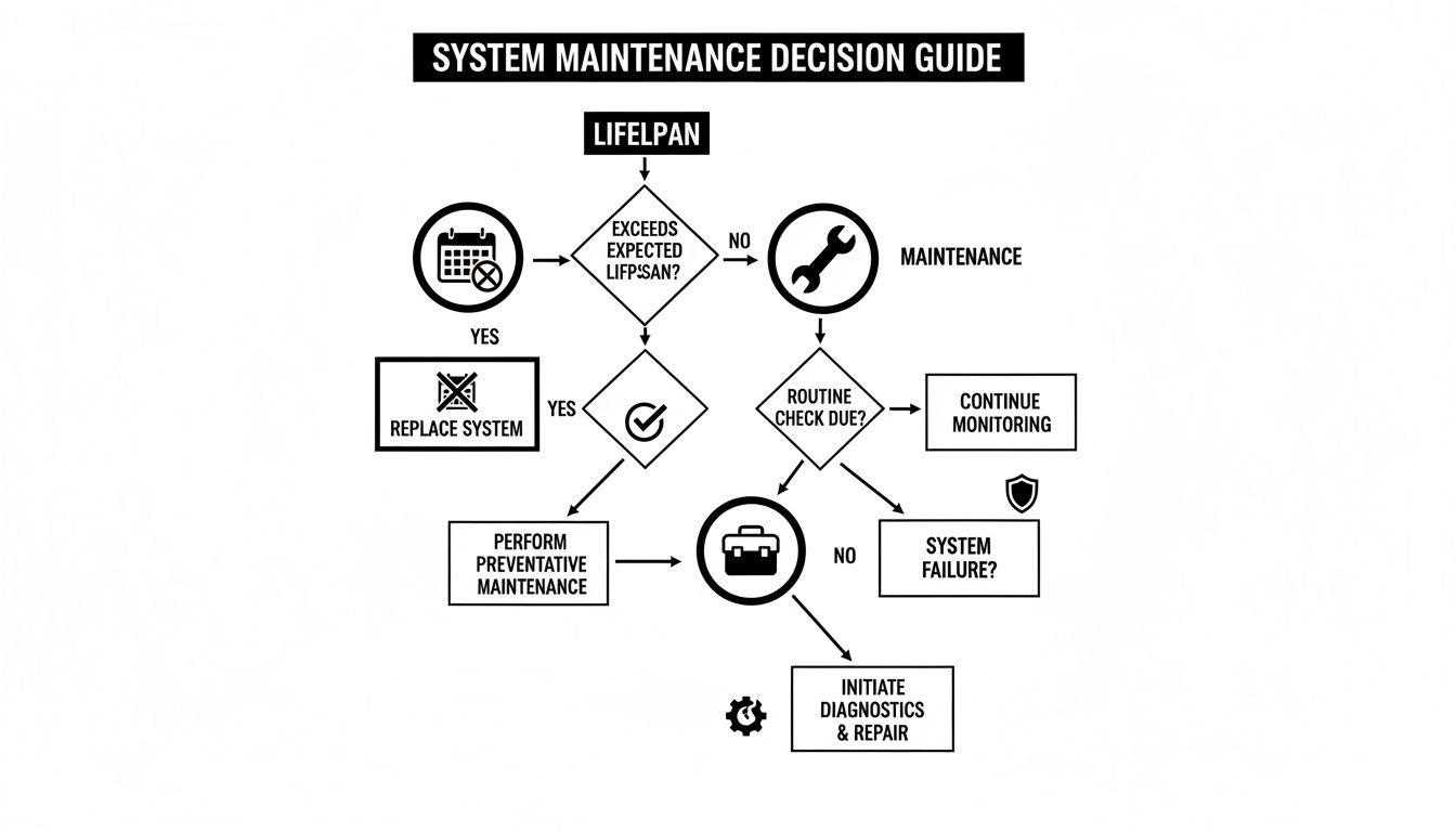 Flowchart detailing a system maintenance decision guide, covering lifespan, routine checks, replacement, and repairs.