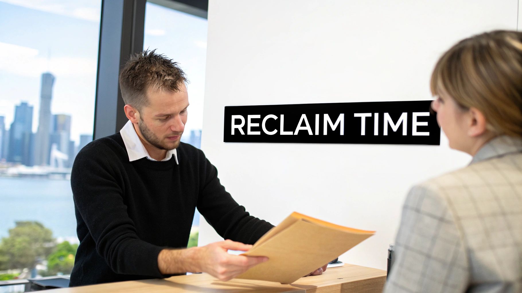 A man in an office reviews documents with a woman, a 'RECLAIM TIME' sign on the wall.