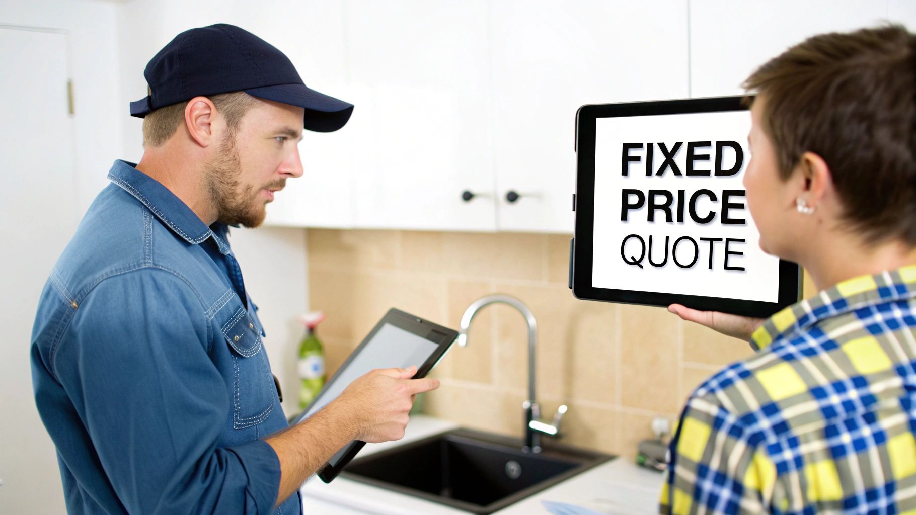 A plumber in a kitchen holding a tablet while a customer shows a "fixed price quote" on another tablet.