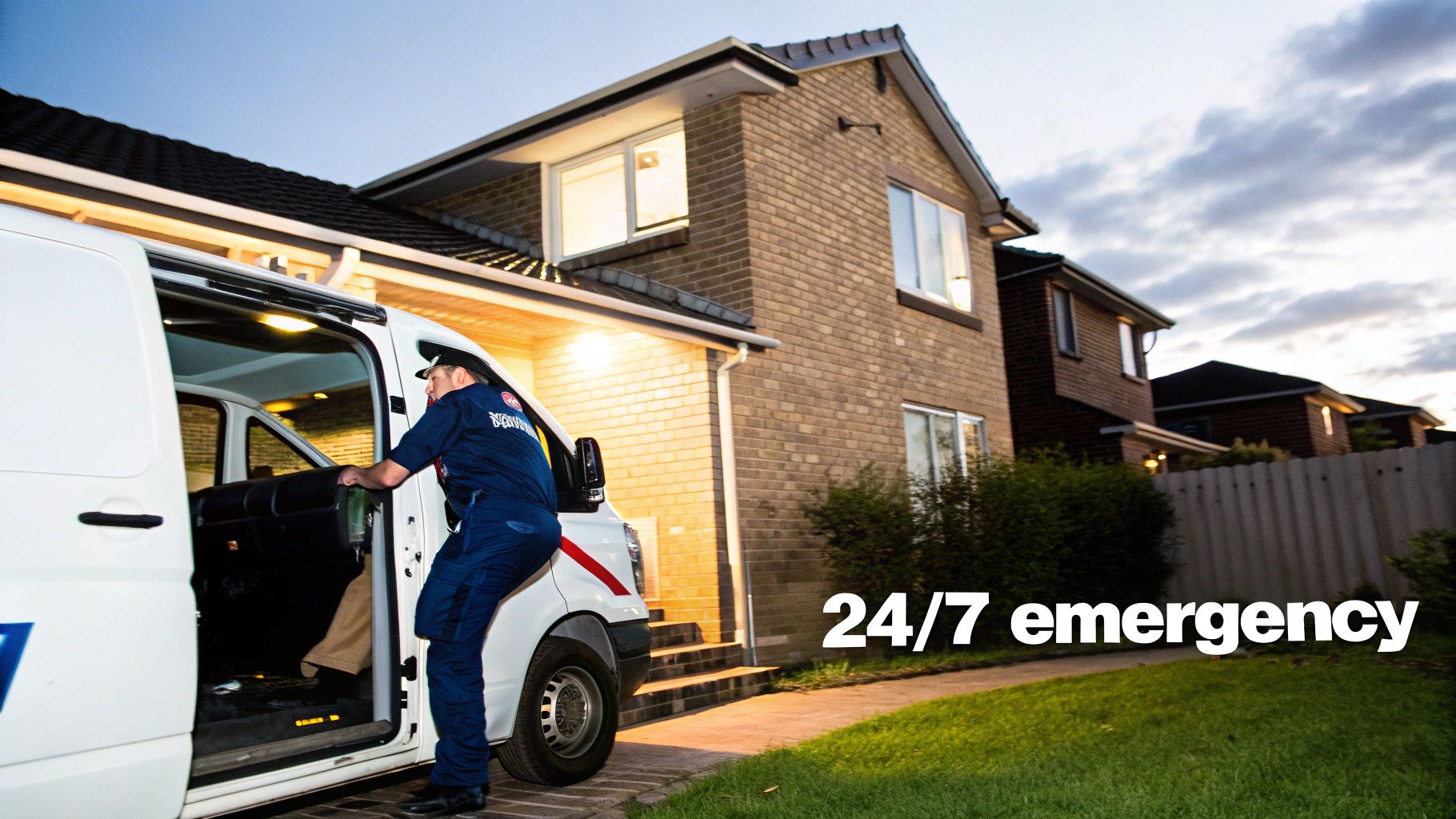 A plumber in uniform gets into a white service van outside a brick house at dusk, indicating 24/7 emergency service.