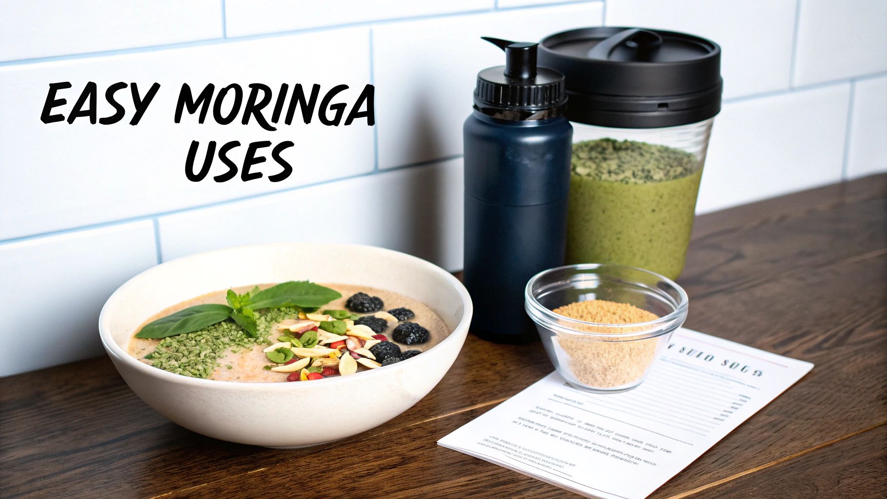 Various easy moringa uses are displayed, including a healthy smoothie bowl and a green drink.