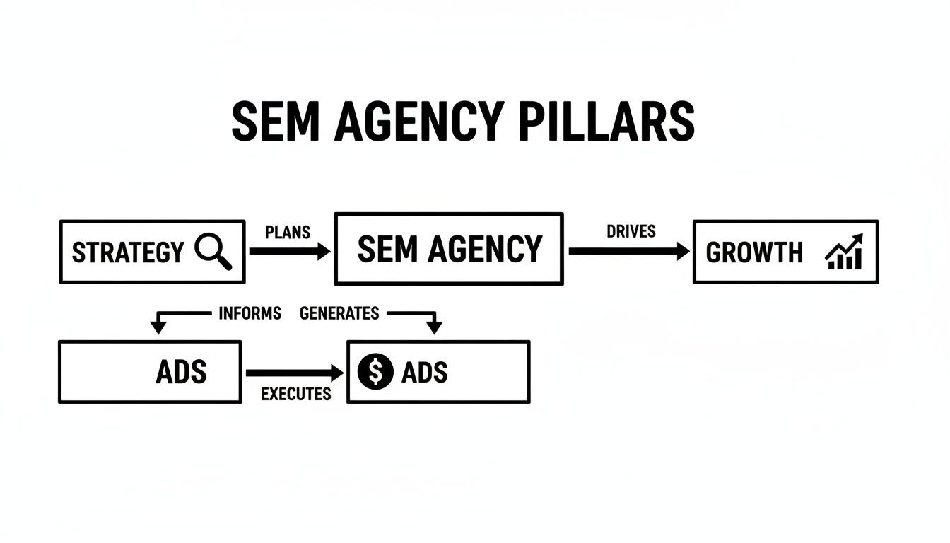 A flowchart showing SEM agency pillars, from strategy and ads to execution and growth.