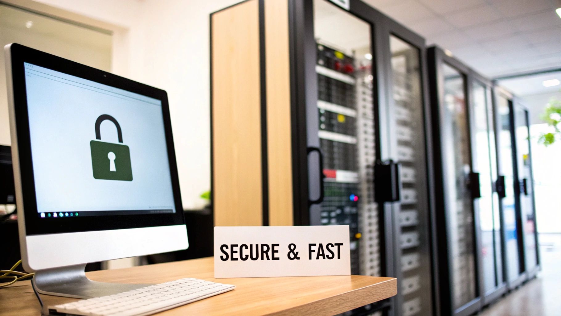 A computer displaying a security padlock icon next to a 'SECURE & FAST' sign in a server room.