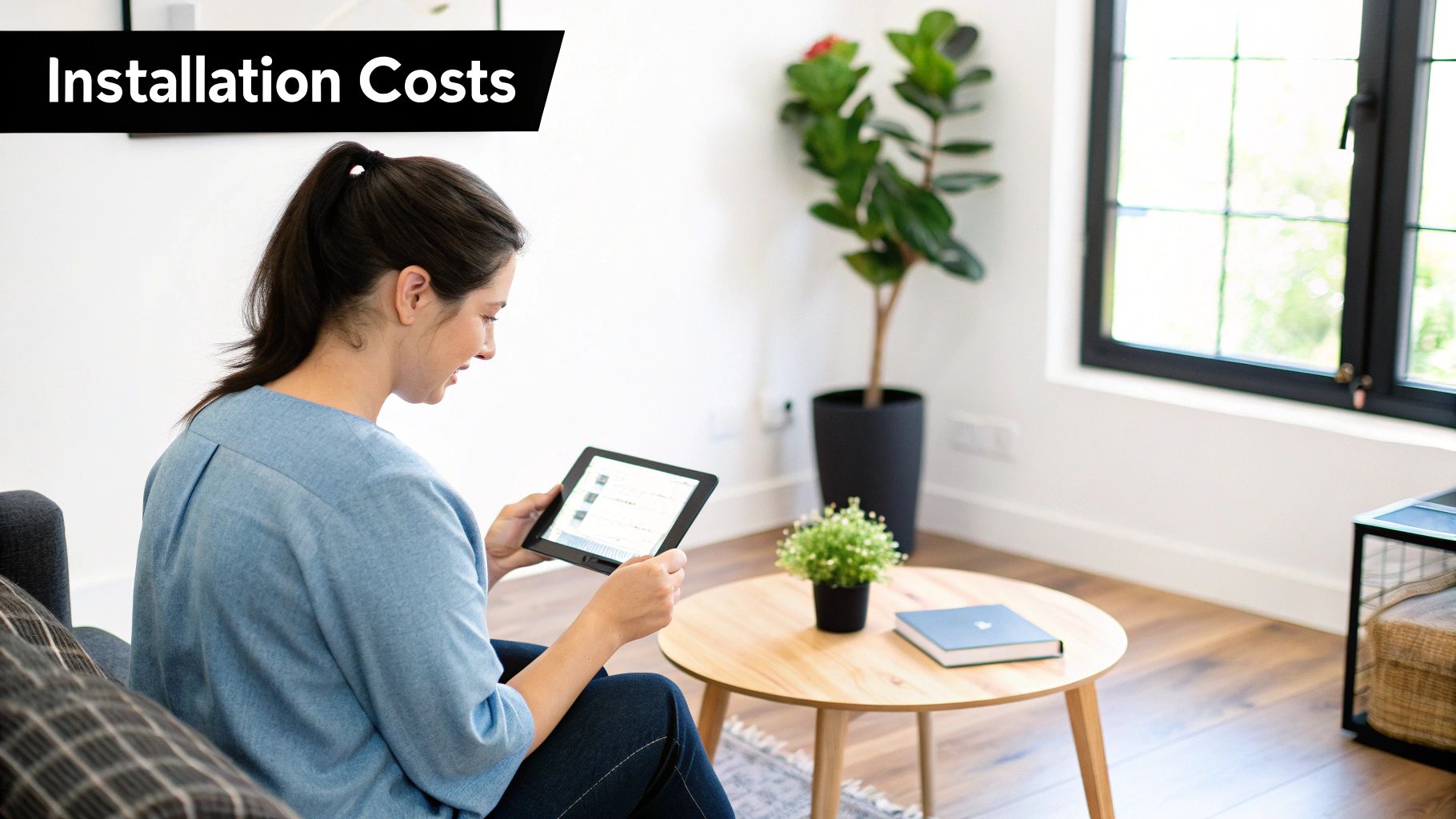 A woman reviews 'Installation Costs' on a tablet in a bright, modern living room.